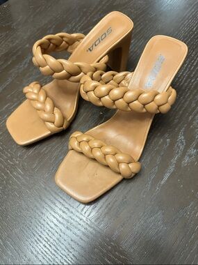 Soda Tan Braided Double-Strap Block Heels